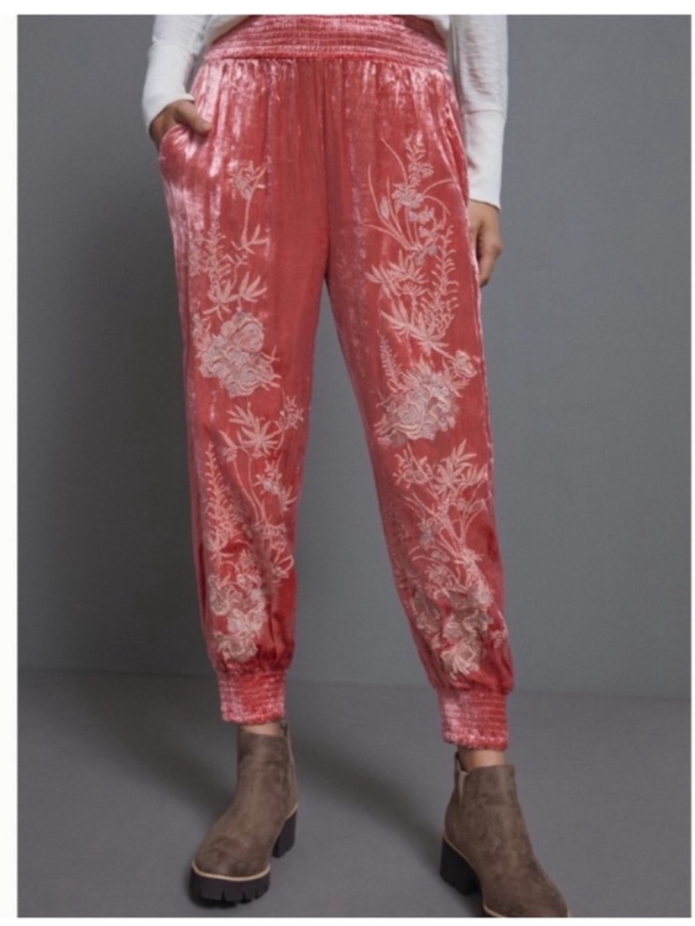 Anthropologie Rosie Embroidered All-Over Plush Velvet Joggers, S